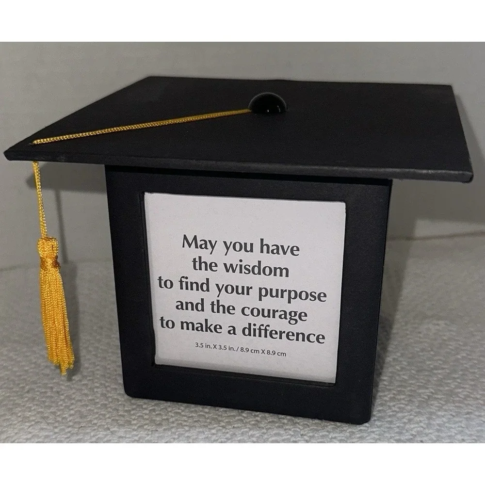 Graduation Cap Photo Frame Cube Black Mortarboard with Gold Tassel 3.5x3.5 Class
